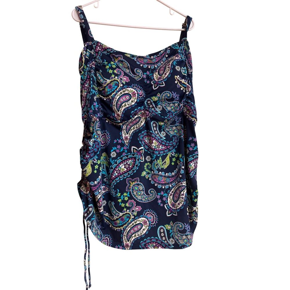 Women Paisley Print Tankini Swim Top Adjustable Ruched Sides & Halter Straps Blu